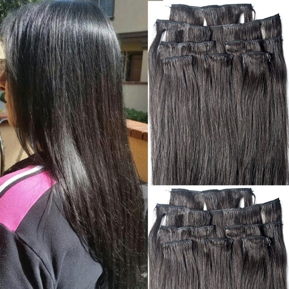 18" 100% Clip in Human Hair Extensions 7Pcs,14 clips #1B